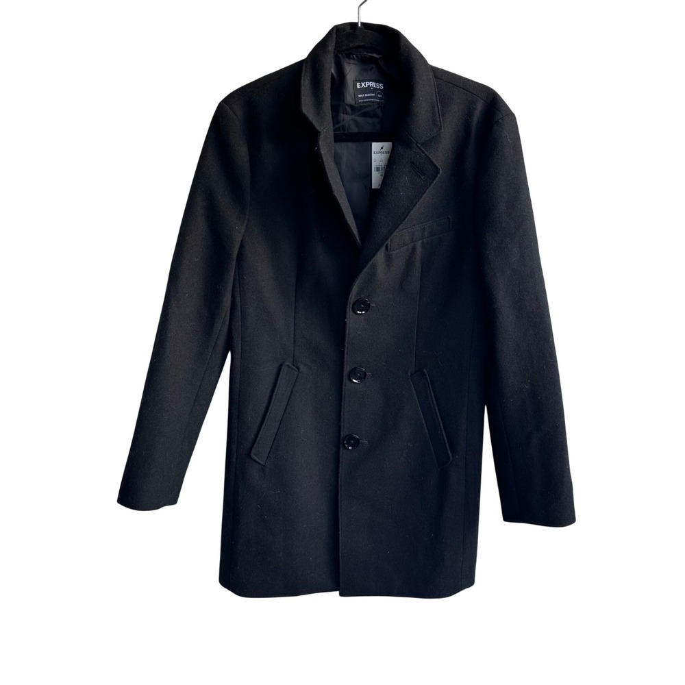 Express Mens Black Water Resistant Recycled Wool Blend Overcoat XS NWT